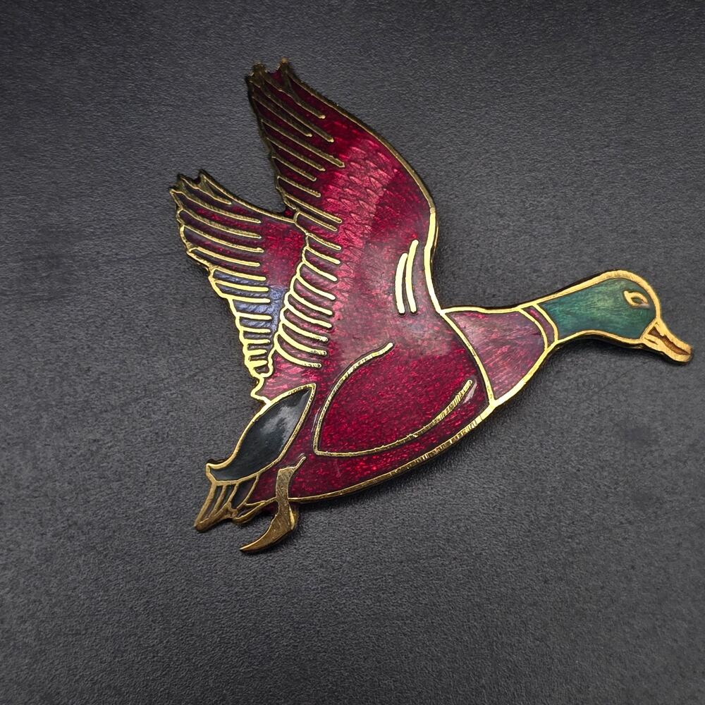 Cloisonne Enamel Mallard Duck Brooch Vintage Bird Animal Jewelry